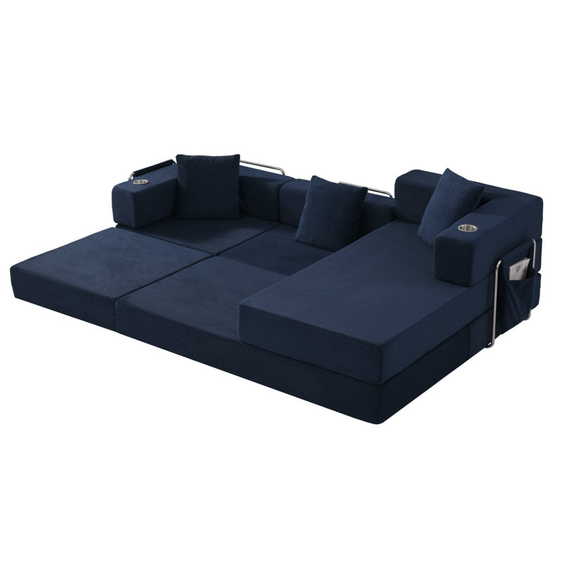 Canapé d'angle pliable avec rangement, 274 cm (108 pouces) en velours côtelé, canapé portable moderne, Bleu