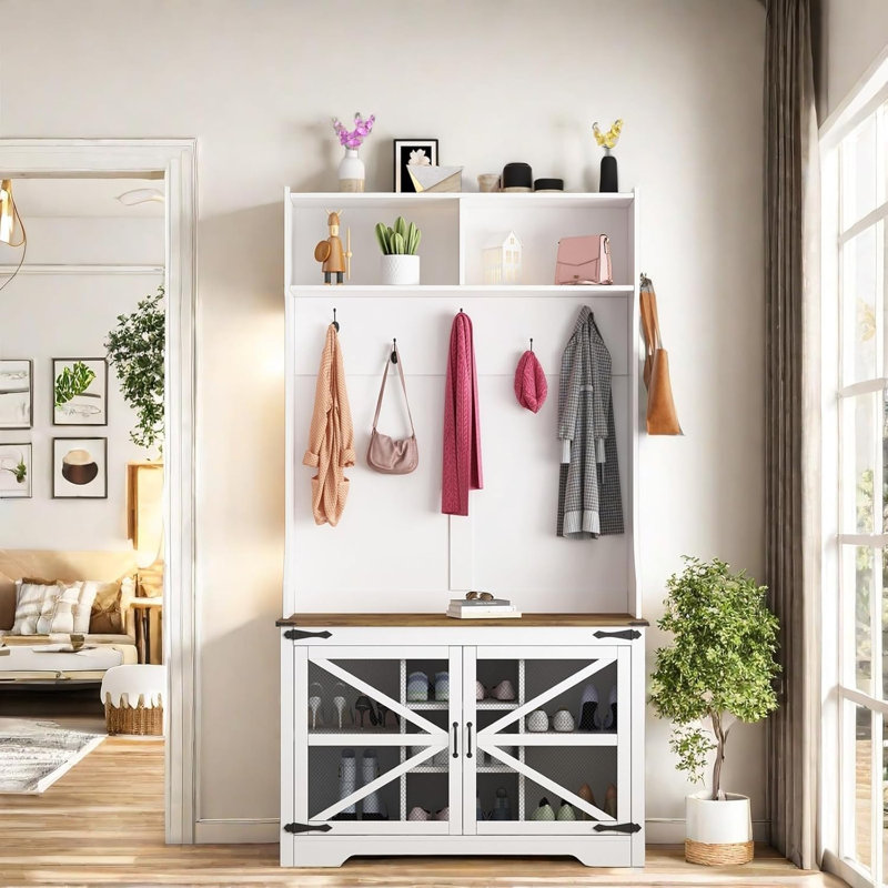 Hall Tree with Bench and Shoe Storage, 4-in-1 Farmhouse Entryway Coat Rack with 7 Coat Hooks & 7 Shoe Cubbies, Hallway Shoe Bench with Storage, 42" W x 15.7" D x 77" H, White