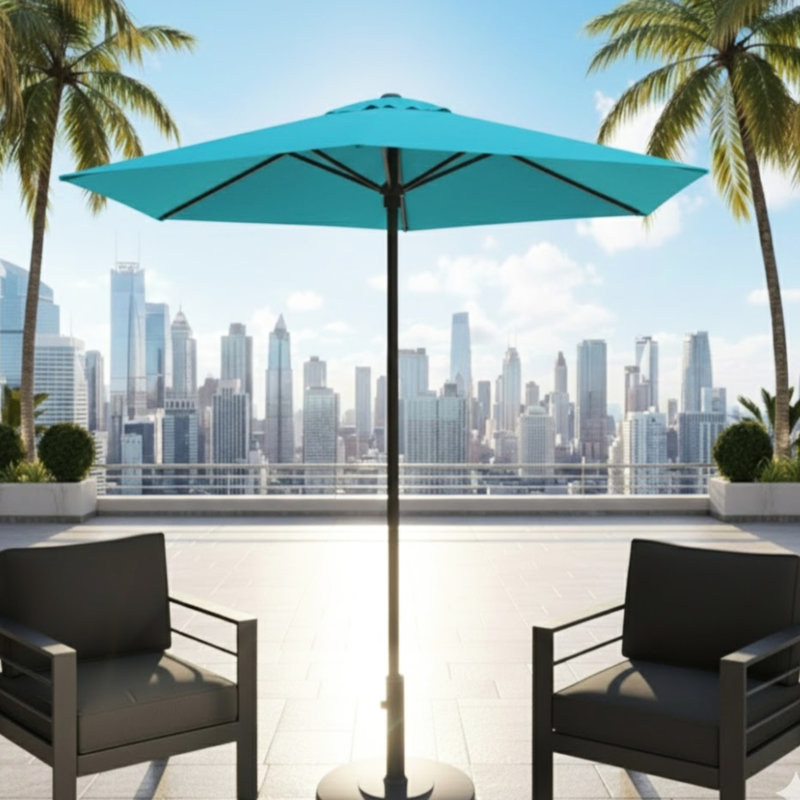 Parasol bleu de 2,3 m avec ventilation et toile, idéal pour la piscine, l'extérieur et le jardin. Ventilation inclinable par bouton-poussoir.