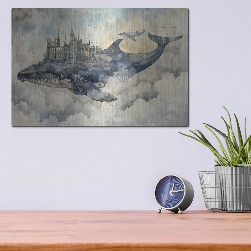 Art mural en métal Breakwater Bay «Blue Whale and City» par Momart, H 12 po x l 16 po