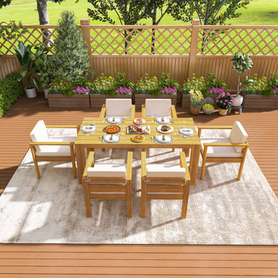 Ensemble de salle à manger 7 pièces en bois d'acacia, mobilier de patio toutes saisons avec 6 fauteuils rembourrés et 1 table rectangulaire, idéal pour la cour, le jardin, la terrasse et le bord de la piscine, teck clair et beige