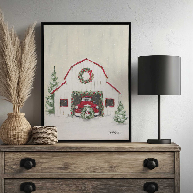 «Farmhouse Christmas Truck & Barn» par Sara Baker, reproduction d'art, L 30 x H 40, Argent, Toile avec cadre