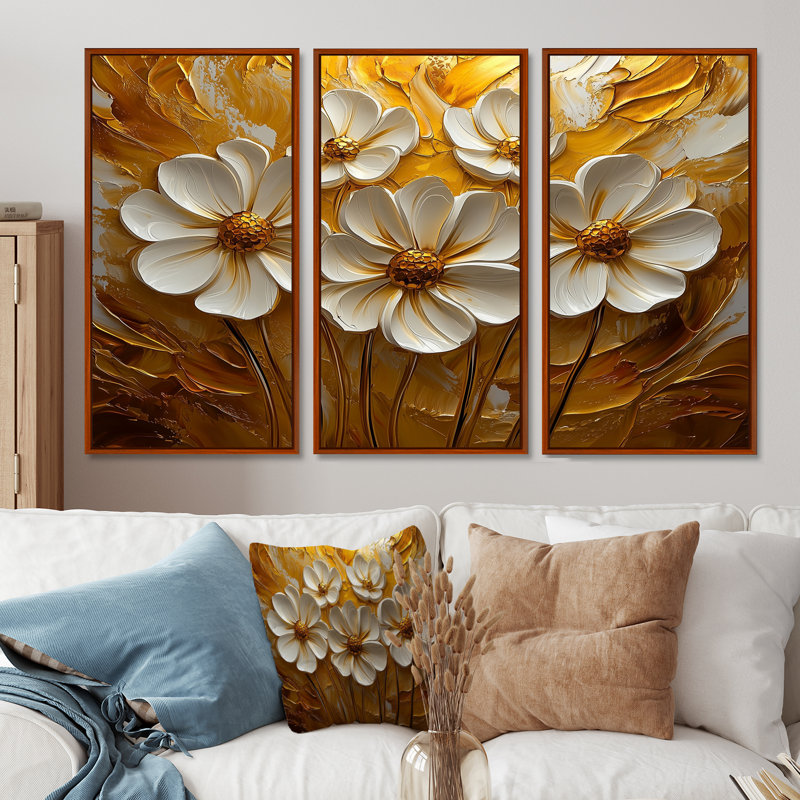 Fleurs blanches et dorées, Wildflowers I - ensemble de 3 fleurs sauvages, H 28 po x l 36 po, Brun