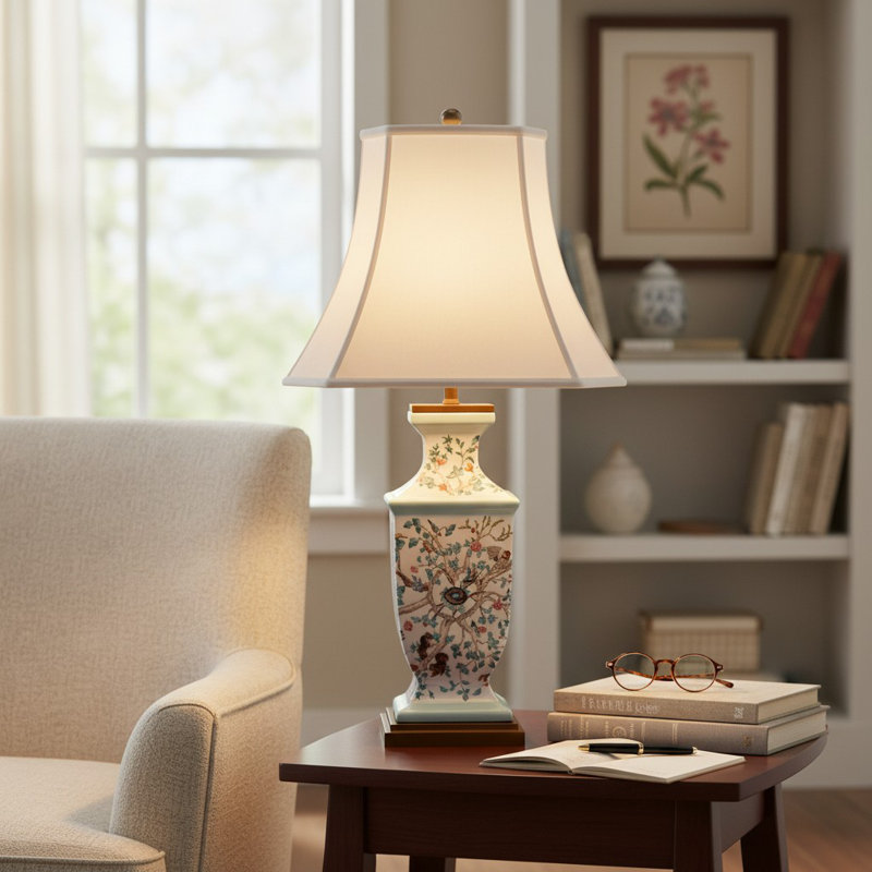 Garden of Life Hand Painted Porcelain Table Lamp with Gold Wood Base