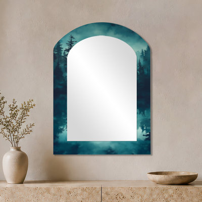 Rustic Wall Mirror – Green Forest Lake Mist II, Printed on Metal