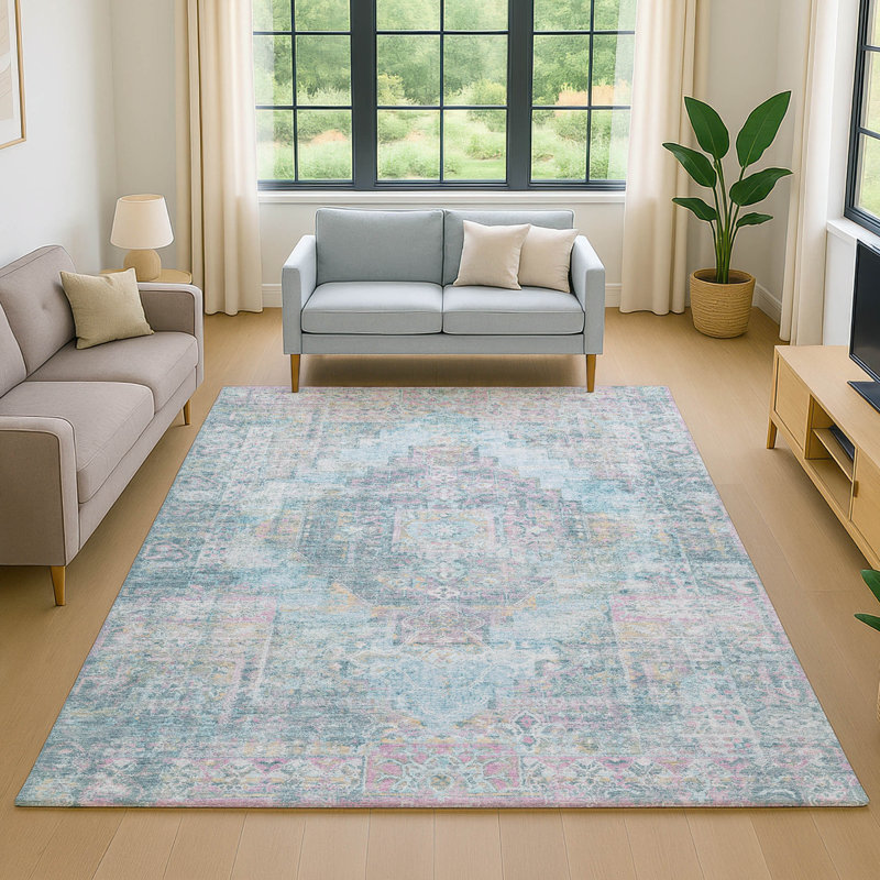 Premium Machine Washable Mayfield AMF2140 global Rug, Blue, 5' x 7'6"