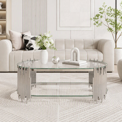 Table basse argentée de luxe avec étagères à deux niveaux en verre trempé, table centrale ovale moderne pour salon, structure en acier inoxydable poli