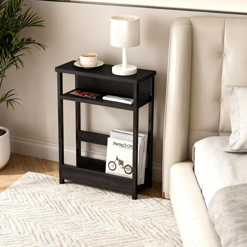 Narrow Side Table, 3-Tier Slim End Table with Storage Shelf, Modern Sofa Thin Side Tables for Narrow and Small Spaces, Skinny Bedside Tables Nightstand with Magazine Rack Space Saving Brown