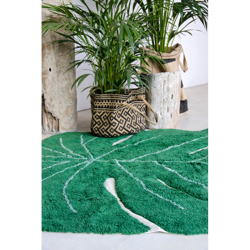 Green Monstera Leaf Hand-Knotted Cotton Area Rug
