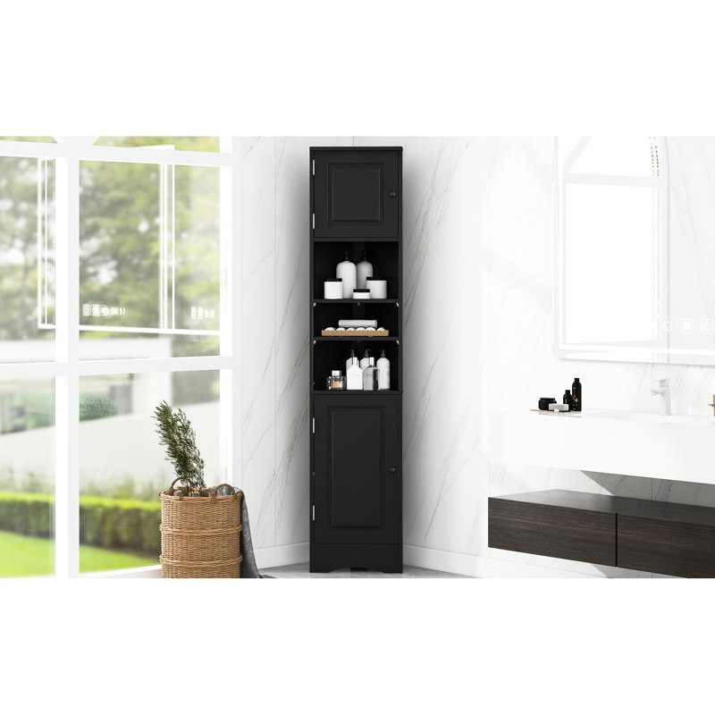 Armoire de salle de bain Space avec tablettes réglables - Grand coin extérieur noir pour et deux portes, Black