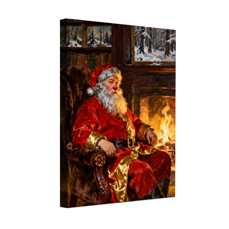 Père Noël de Noël assis près d'un foyer en costume rouge