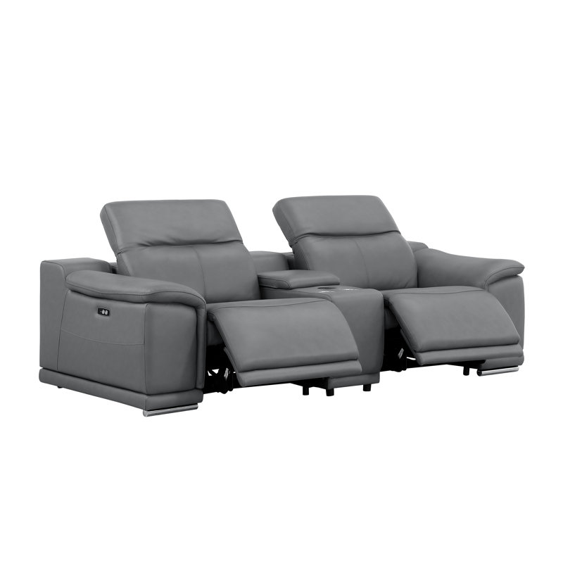 Ensemble de canapé inclinable électrique, causeuse et fauteuil en cuir véritable - 5 fauteuils inclinables, Gris foncé