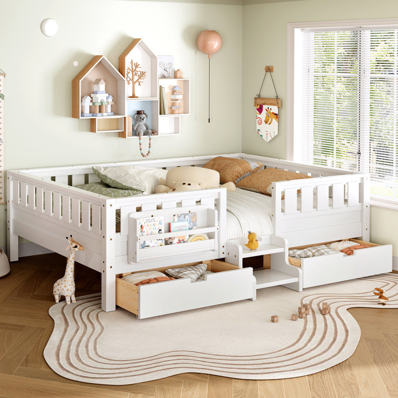 Queen with built-in bookshelves and storage drawers, Safety Staircase design and high-quality safety rails,White, White