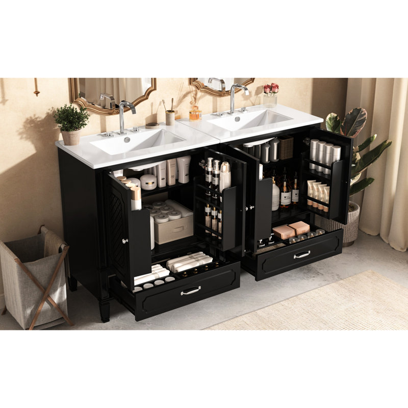 Meuble-lavabo double 60 po à double cuve de style classique, grand rangement, portes à fermeture en douceur avec lavabo, 2 armoires, tiroirs, design rétro, facile à nettoyer