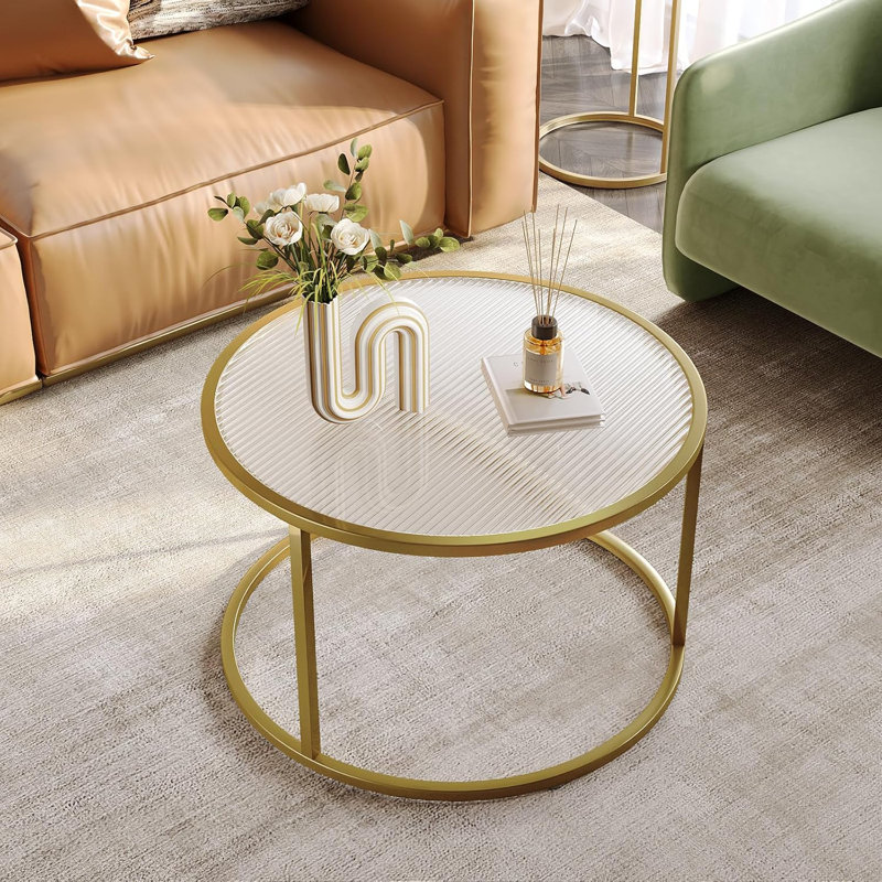 Round Gold Glass Coffee Table with Metal Frame