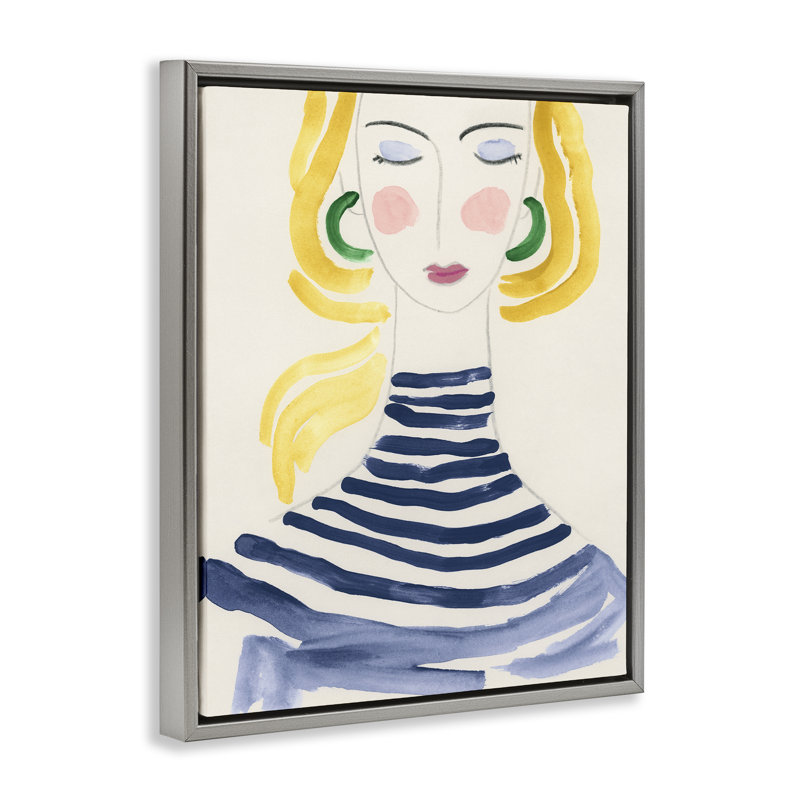  «Woman in Stripes», art mural sur toile flottante par June Erica Vess, H 21 po x l 17 po, Cadre flottant gris lustré