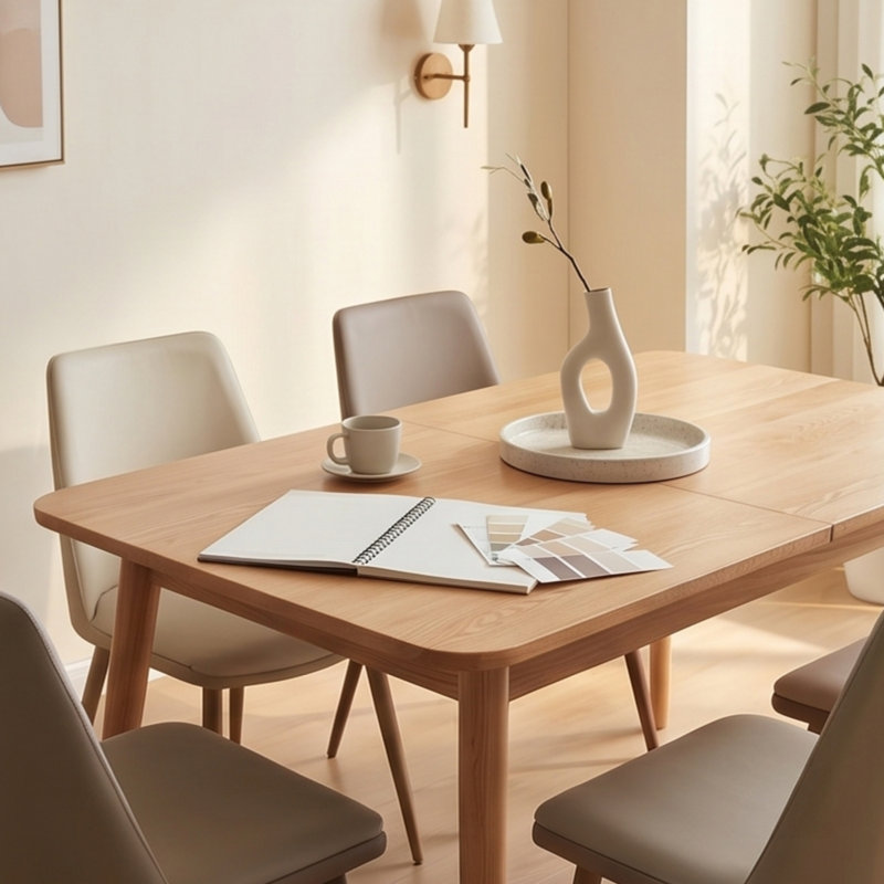 Natural Solid Oak Extendable Dining Table with Round Corners, Telescopic Design for 6-8 People