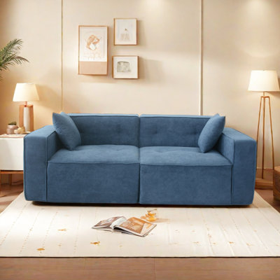 Velvet 3 Seat Bed In Blue With Connection And Organized Storage Space Modern Enabled For Seats