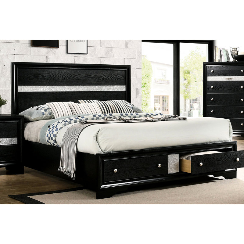 Grand lit en bois massif avec rangement en noir, aspect détente moderne