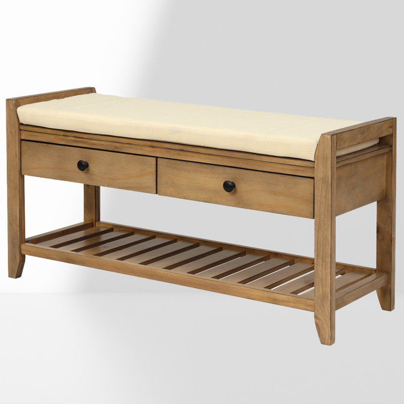 Banc de salle à manger rembourré avec tiroirs de rangement et tablette, Pin