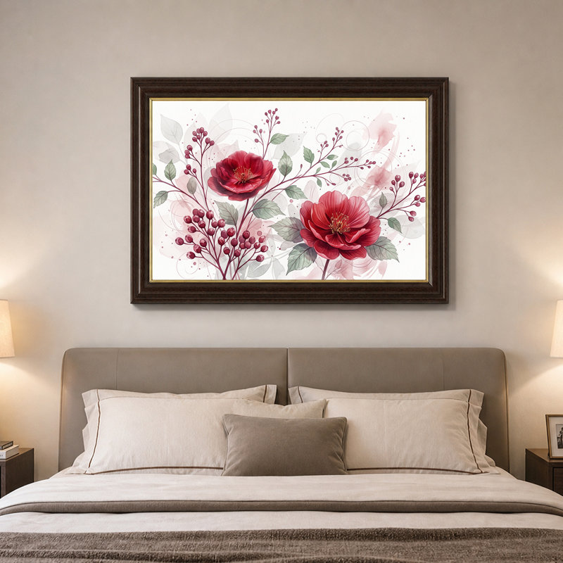 «Red Flowers and Berries With Green Leaves», art mural sur toile, 16"H x 24"W
