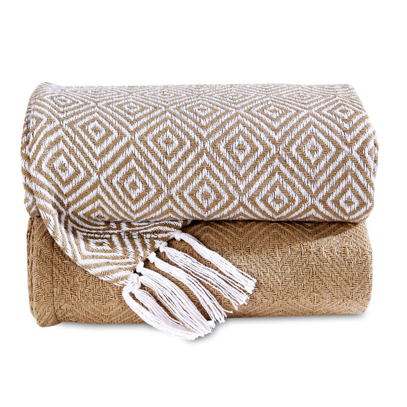 Hand Woven Throw Blanket, Beige, Geometric/Solid Color