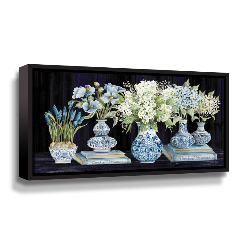 Delft bleu floral IV, galerie, Cadre flottant noir, H 6 po x l 12 po x P 2 po