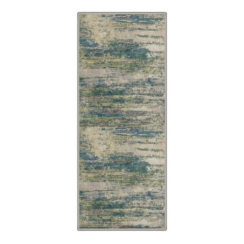 Arcadia Abstract Landscape Machine Washable Sage Indoor Area Rug With Non-Slip Backing, Runner 2' x 6'