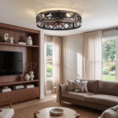  Ventilateur de plafond encastré de 20 po avec lumière et télécommande Cissline pour chambre à coucher, ventilateur de ferme avec structure en grain de bois et cage en filet