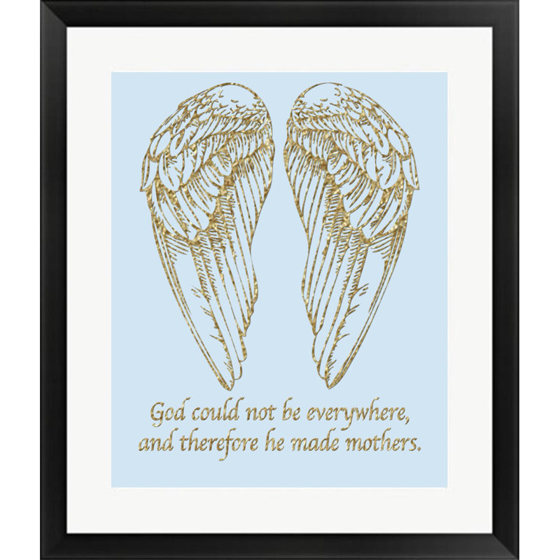 Typographie des ailes d'ange et citation de God Made Mothers - impression d'art textuel sur papier encadré, Noir, Bleu