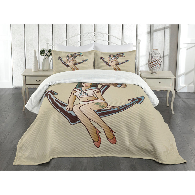 Twin White Quilted Bedspread Set with Anchor Design