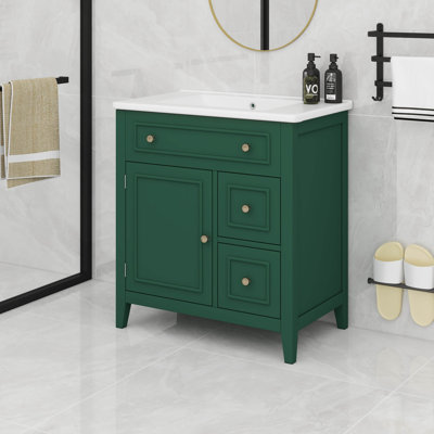 Meuble-lavabo de salle de bain avec lavabo et armoire de rangement, lavabo en céramique, 2 tiroirs et porte