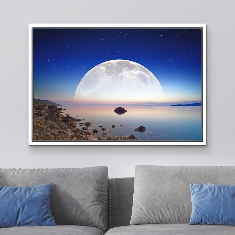 Lune côtière se levant au-dessus de l'océan, horizon, nature, photographie de paysage, art moderne, rustique