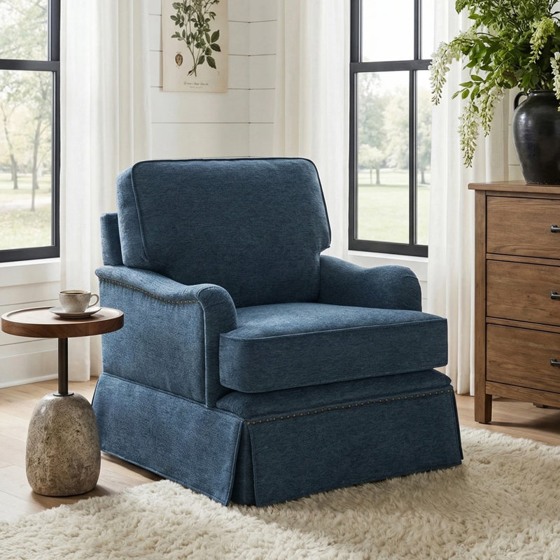 Upholstered Swivel Accent Chair with Skirted Design and Nailhead Trim, Navy Chenille