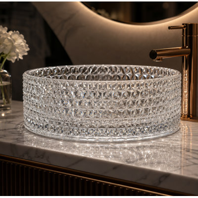 Scotch 16"  Clear Tempered Glass Round Vessel Bathroom Sink with Textured Glass Design - Timeless Collection
