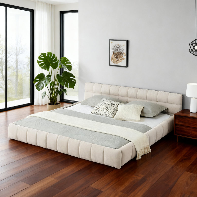 Très grand lit plateforme tapissier avec tête de lit, tissu chenille épais et structure solide
