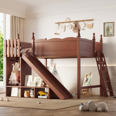 Full Loft Bed with Storage Shelves and Wardrobe, Solid Wood Loft Beds with Detachable Slide and Ladders, No Spring Box Needed, Deep Natural
