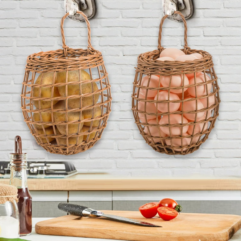 Ensemble de 2 paniers à oignons suspendus, petits paniers muraux en osier pour le rangement des aliments, panier en rotin tissé pour la cuisine, le garde-manger et la décoration intérieure