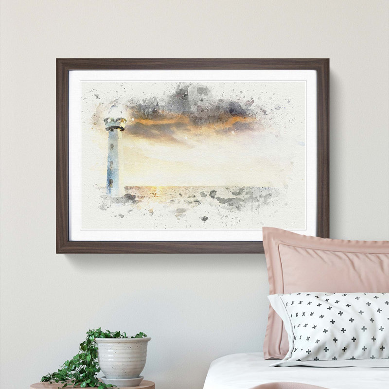 Lighthouse & Seascape Evening Glow in Abstract - Picture Frame Graphic Art Print, Walnut Framed, 36cm H x 48cm W x 2cm D