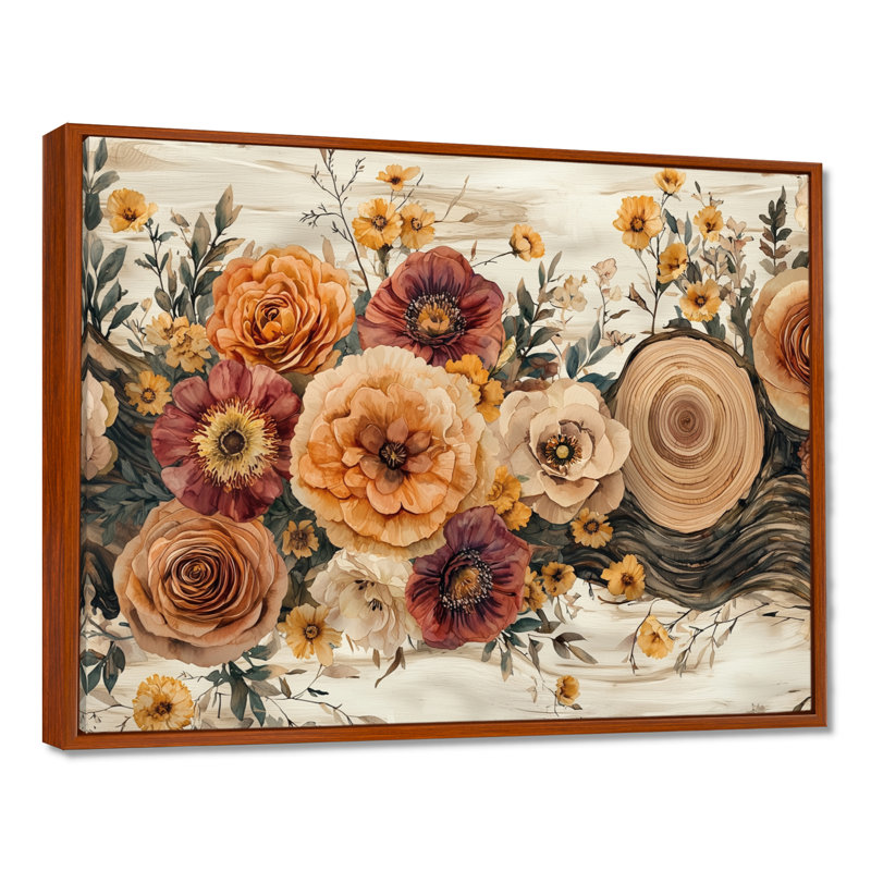 Bouquet d'automne assorti de fleurs sur une glissoire en bois, 24" H x 32" W, Floater Framed, Brown
