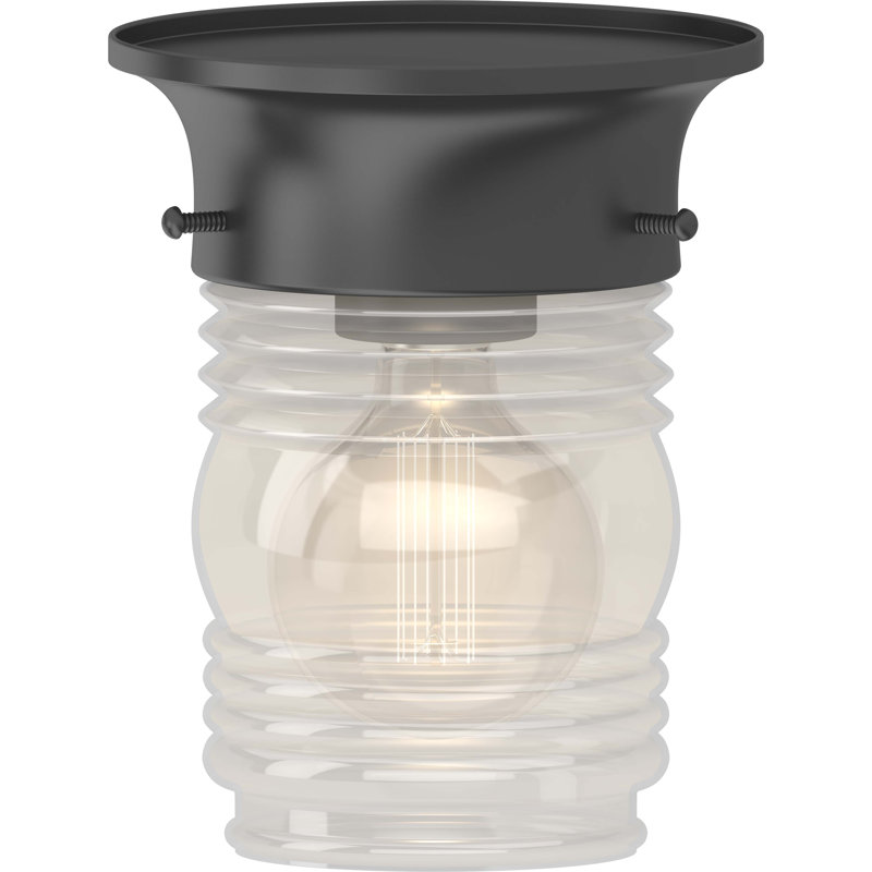 1-Light 5"W Indoor or Outdoor Black Round Flush Mount with Clear Ribbed Cylinder Jelly Jar Shade, Black