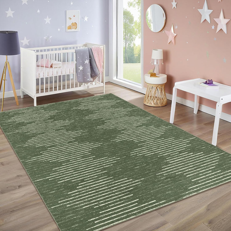Washable Diamond Stripes Rug, Non-Slip Soft Carpet for Living Room, Bedroom, Nursery, Office, Black & White