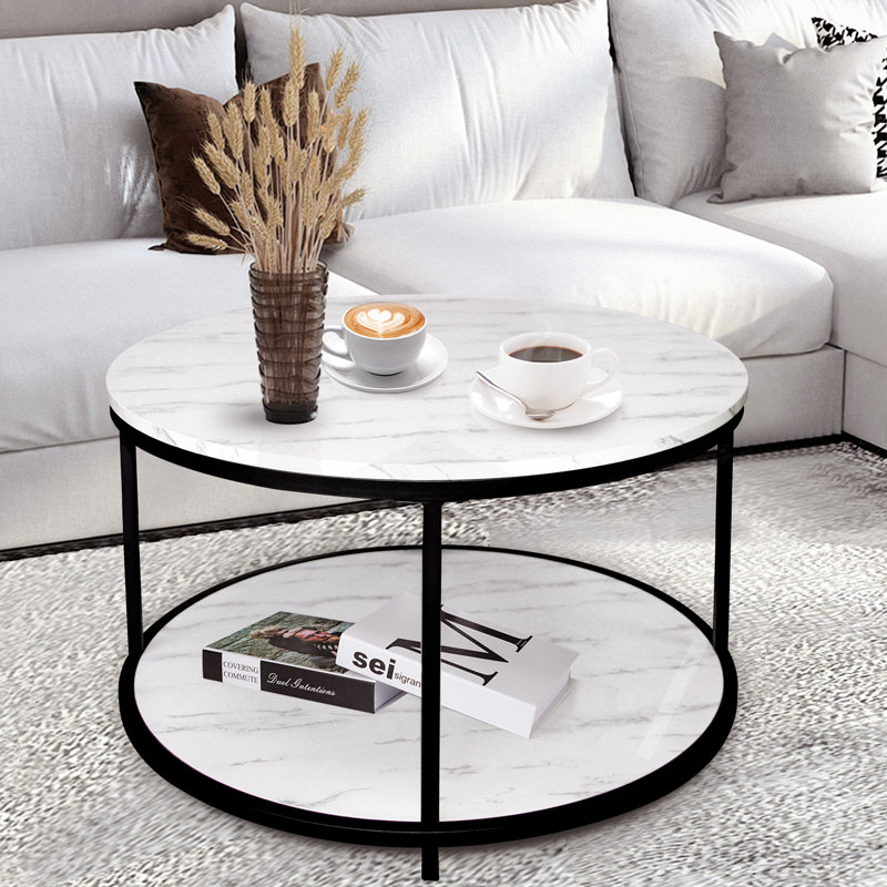 Coffee Table, White Artificial Marble, Black Metal Rack