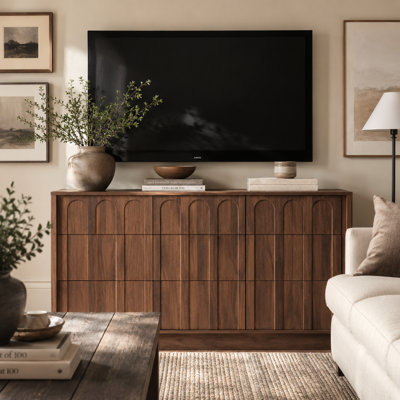 55.1" Mid Century Modern Arched Dresser, 9 Push-to-Open Drawers, Walnut Wood Grain