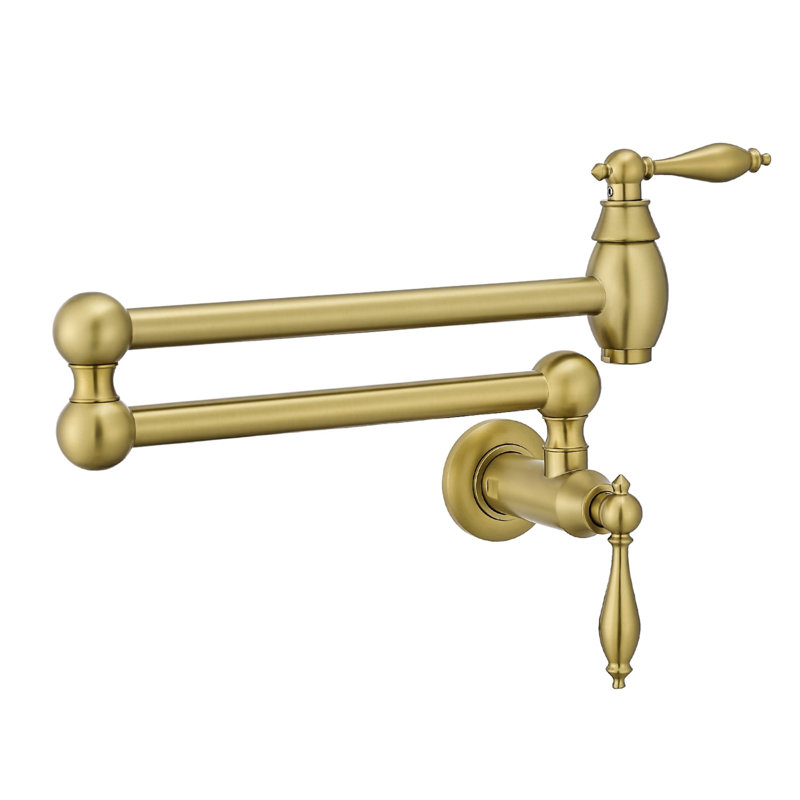 Wall Mount Pot Filler With Swing Arms Single Hole Folding Kitchen Faucet Brass 2 Handle Kitchen Sink Faucets, Brushed Gold