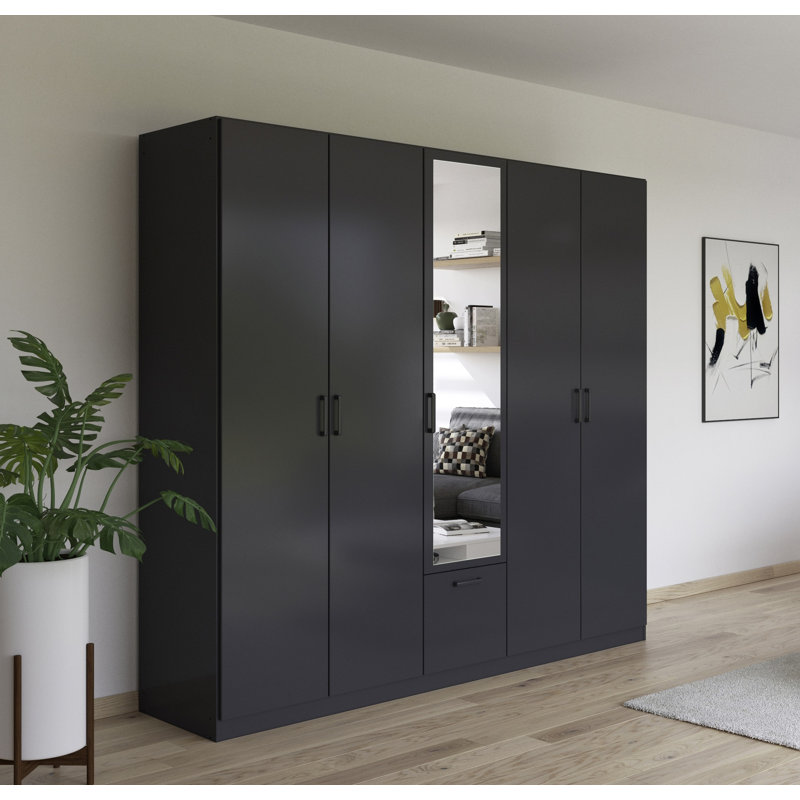 Bari hinged door wardrobe with practical drawers in the middle and handles, Metallic Grey, 210cm H x 181cm W x 54cm D