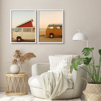 Vintage Camper Van Beach Wall Art Print Set - Retro Travel Photography Framed 2-Piece Set for Coastal Living Room or Bedroom Decor