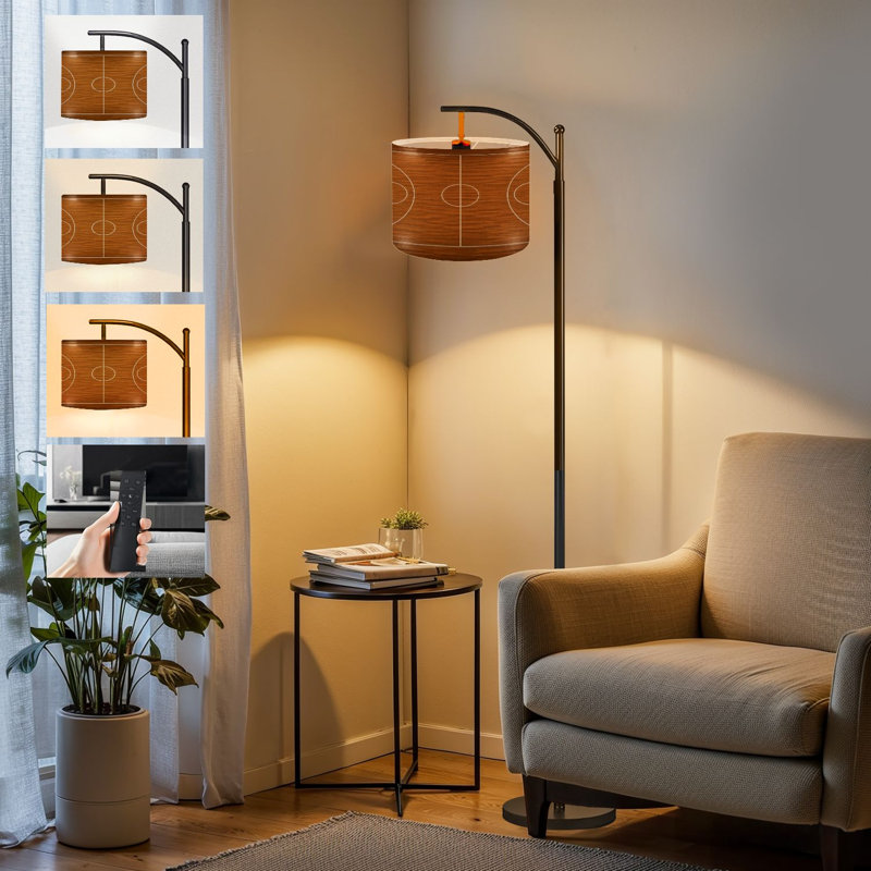  Arc Floor Lamp Basketball court plan wooden Tall Modern Standing Lamp LED Adjustable Linen Lampshade 3 Color Temperatures