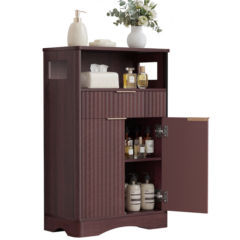 Bathroom Storage Cabinet, Freestanding Floor Storage Organizer with 2-Doors, 1-Drawer and Adjustable Shelf, Small Storage Unit for Bathroom, 23.6" W x 12.2" D x 38.9" H (Walnut)