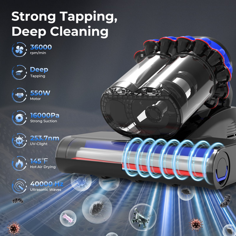 MOOSOO Handheld Mattress Vacuum Cleaner, 16Kpa Bed Vacuum, 600ML Ultrasonic Fabric Cleaner, UV Light for Bedding, Car Interior